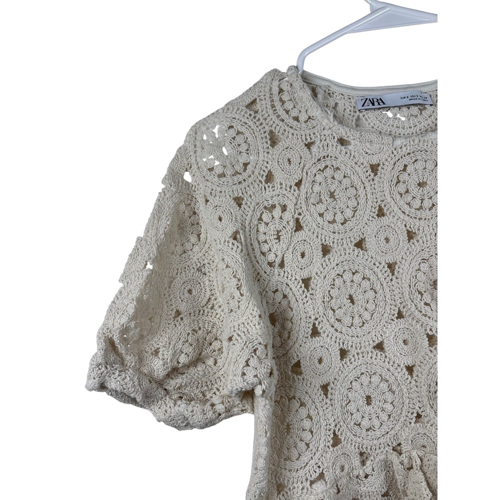 ZARA Crochet Small Round Medallion Peplum Top Short Sleeve Cream Beige White - Picture 4 of 8